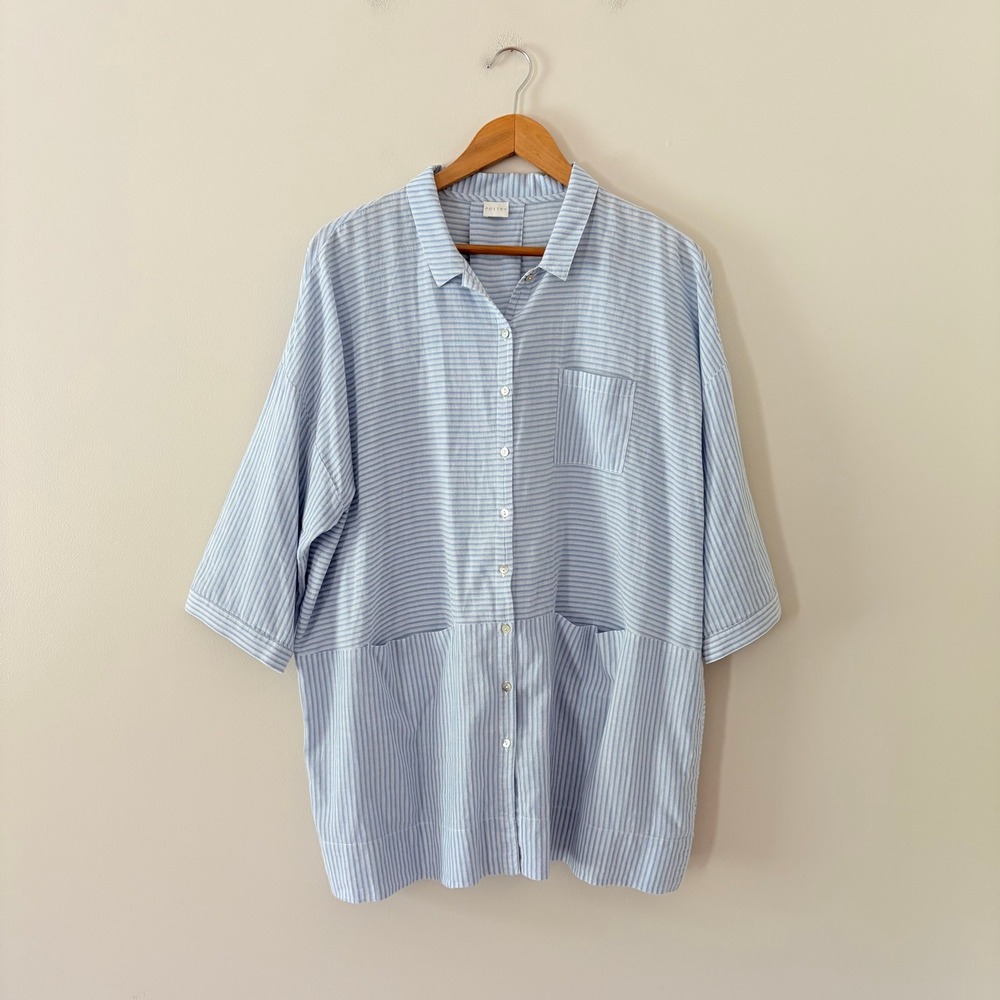 Poetry Button Down Shirt 8 Blue Striped Cotton Oversized Lagenlook Tunic Pocket